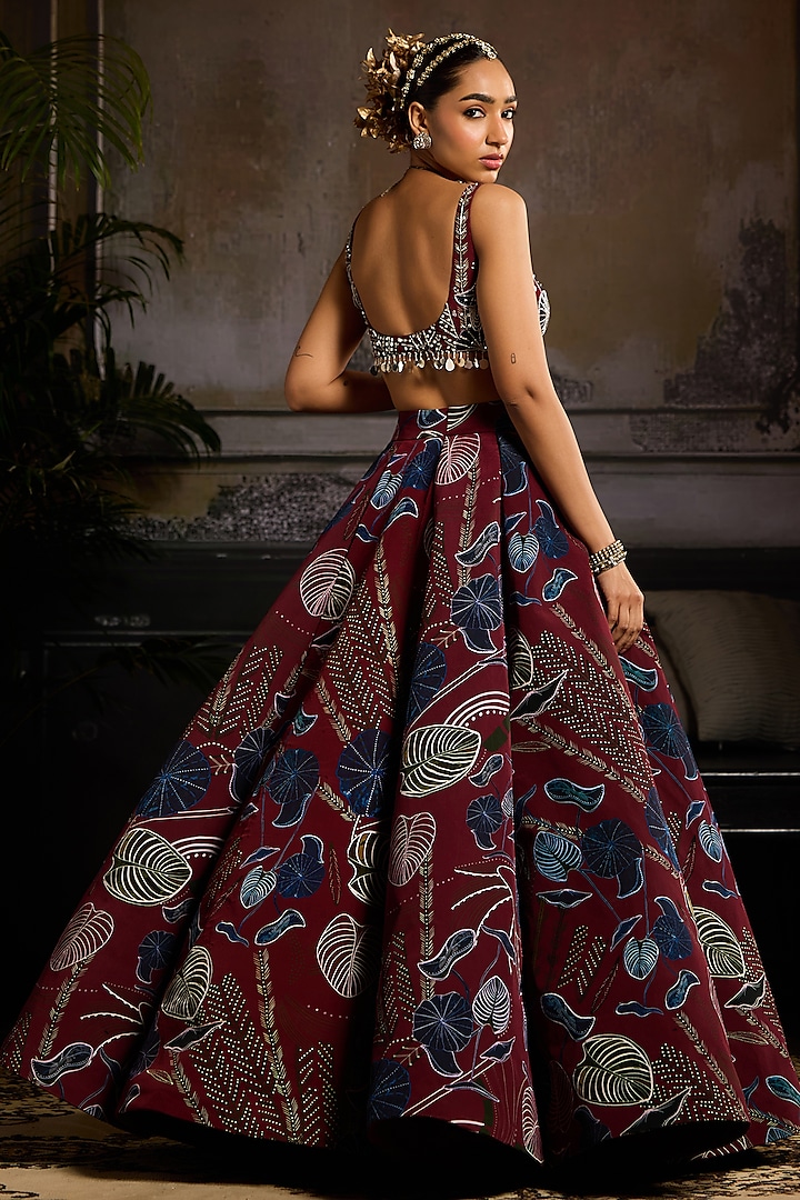 Wine Crepe Printed Wedding Lehenga Set by DiyaRajvvir at Pernia's Pop Up Shop