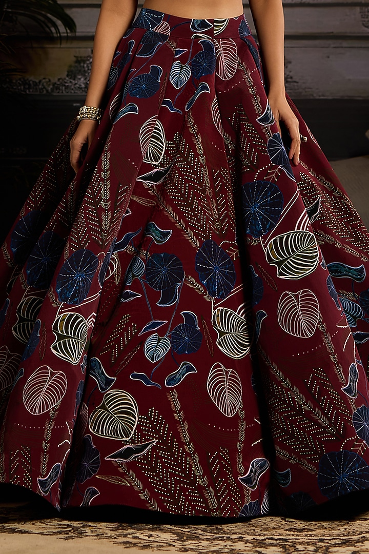 Wine Crepe Printed Wedding Lehenga Set by DiyaRajvvir at Pernia's Pop Up Shop