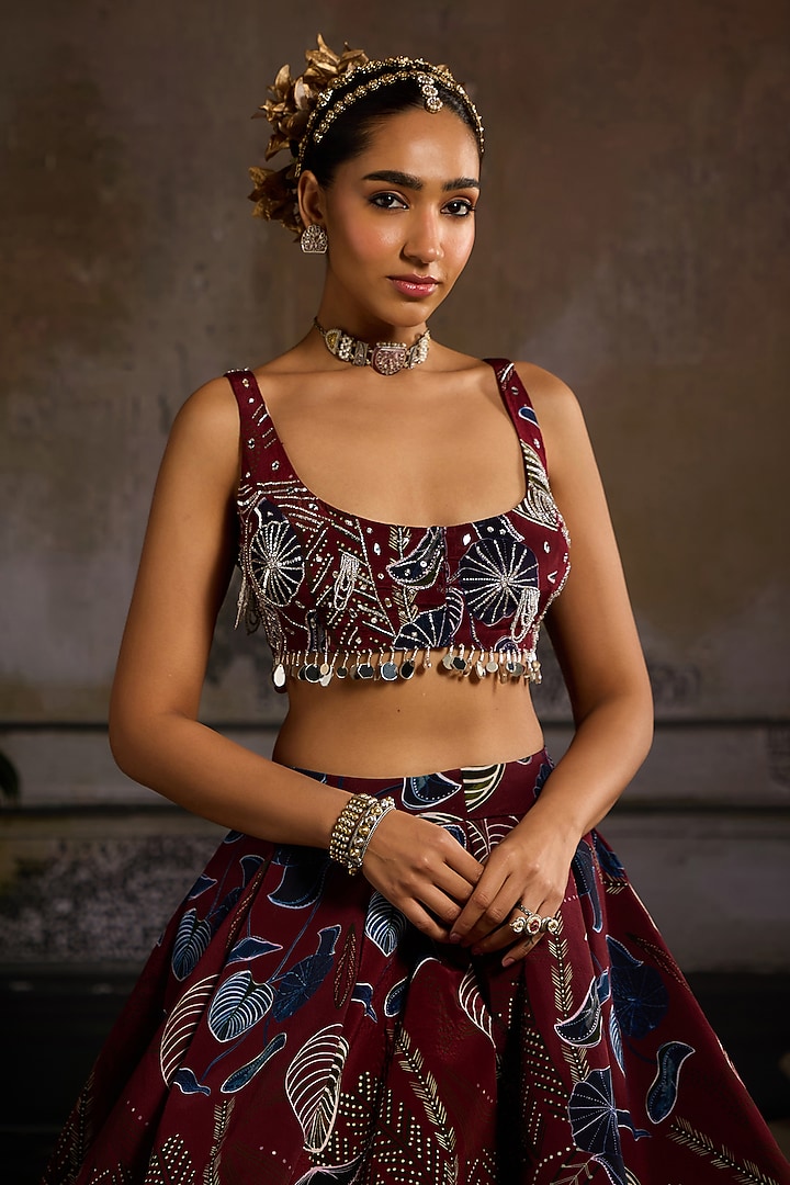 Wine Crepe Printed Wedding Lehenga Set by DiyaRajvvir at Pernia's Pop Up Shop