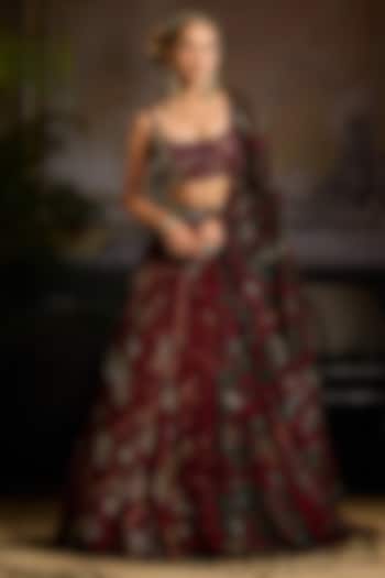 Wine Organza & Tulle Leaf Printed Wedding Lehenga Set by DiyaRajvvir at Pernia's Pop Up Shop