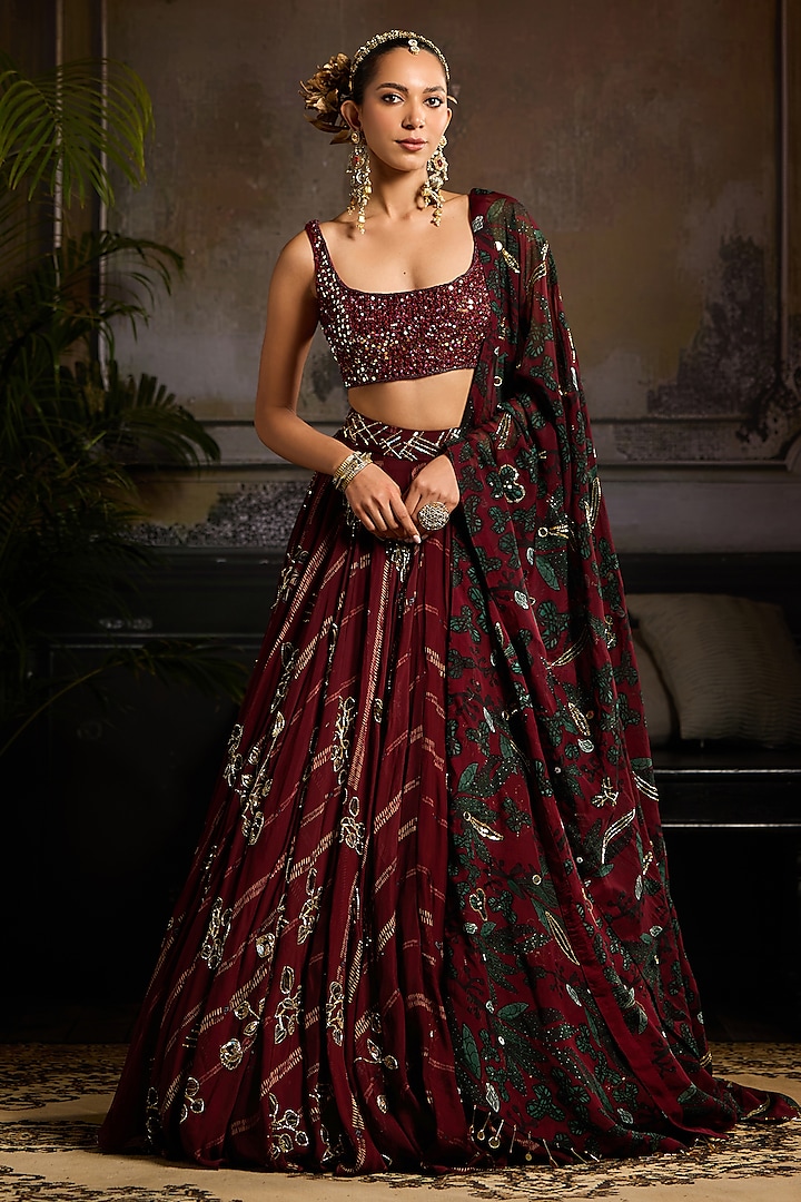 Wine Organza & Tulle Leaf Printed Wedding Lehenga Set by DiyaRajvvir at Pernia's Pop Up Shop