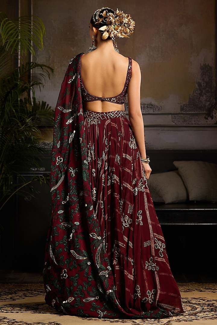 Wine Organza & Tulle Leaf Printed Wedding Lehenga Set by DiyaRajvvir at Pernia's Pop Up Shop