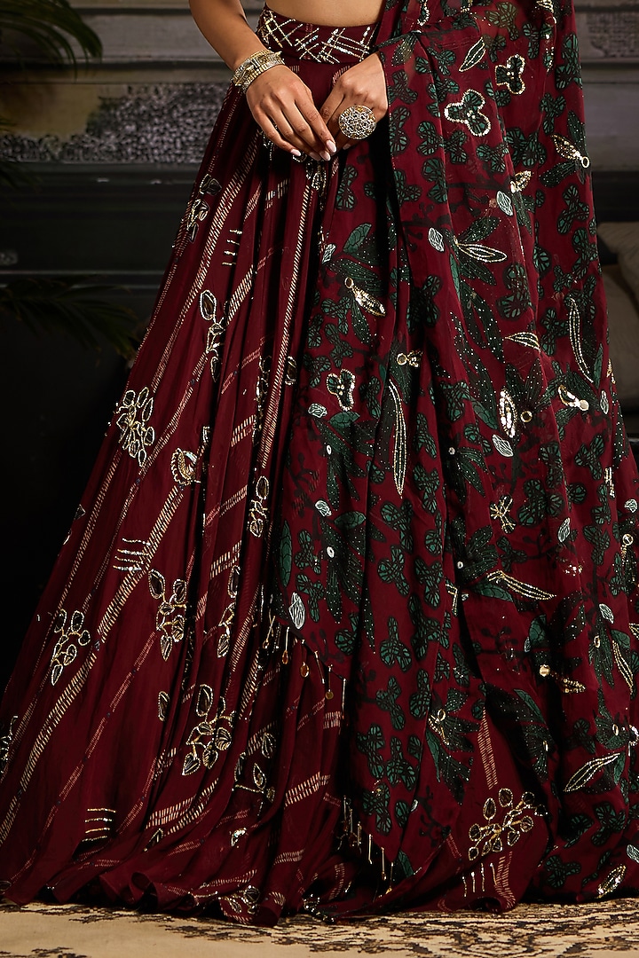 Wine Organza & Tulle Leaf Printed Wedding Lehenga Set by DiyaRajvvir at Pernia's Pop Up Shop