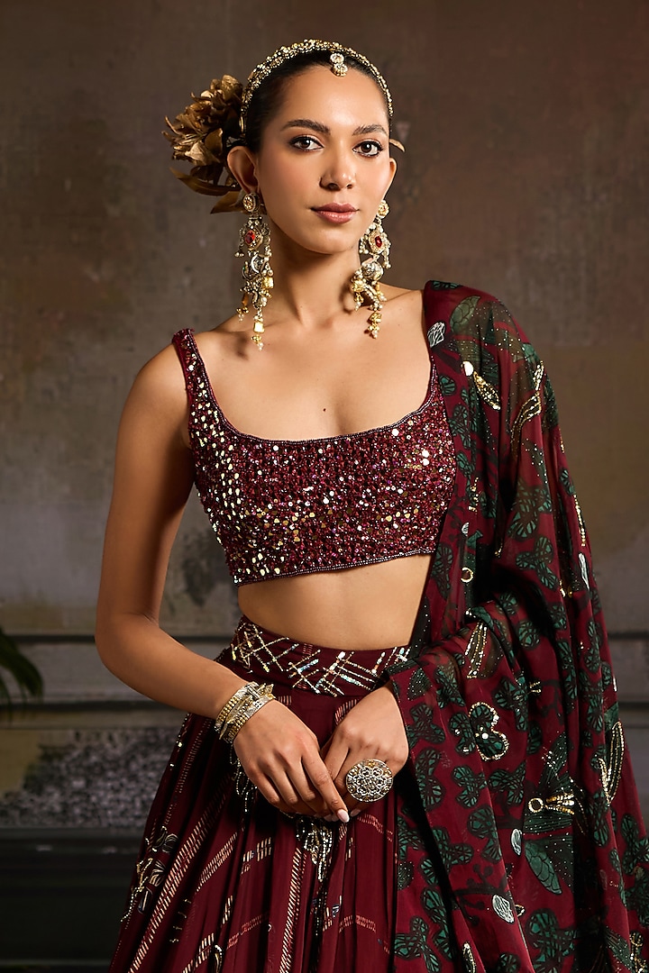 Wine Organza & Tulle Leaf Printed Wedding Lehenga Set by DiyaRajvvir at Pernia's Pop Up Shop