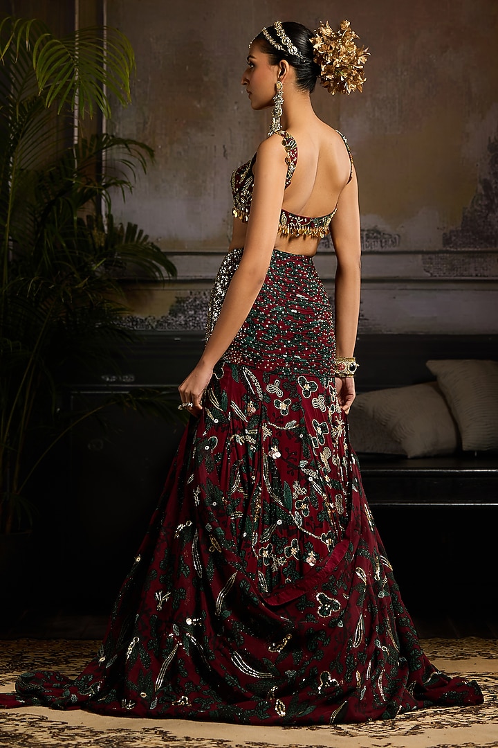 Wine Organza & Tulle Leaf Printed Mermaid Wedding Lehenga Set by DiyaRajvvir at Pernia's Pop Up Shop