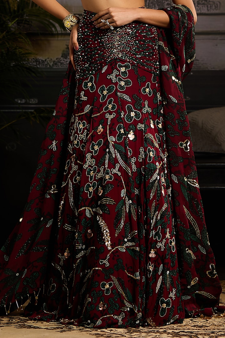 Wine Organza & Tulle Leaf Printed Mermaid Wedding Lehenga Set by DiyaRajvvir at Pernia's Pop Up Shop