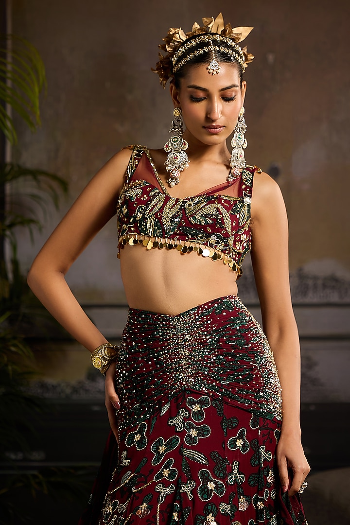 Wine Organza & Tulle Leaf Printed Mermaid Wedding Lehenga Set by DiyaRajvvir at Pernia's Pop Up Shop