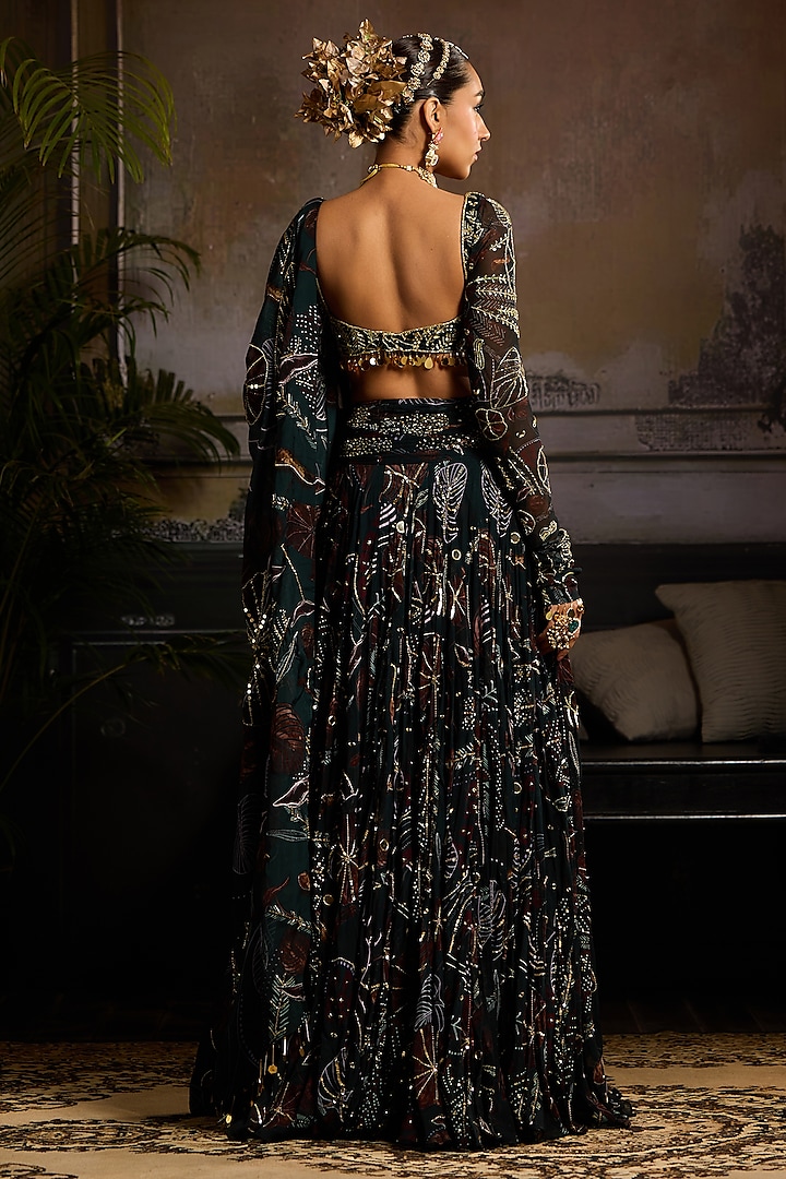 Dark Green Organza & Georgette Leaf Printed Wedding Lehenga Set by DiyaRajvvir at Pernia's Pop Up Shop