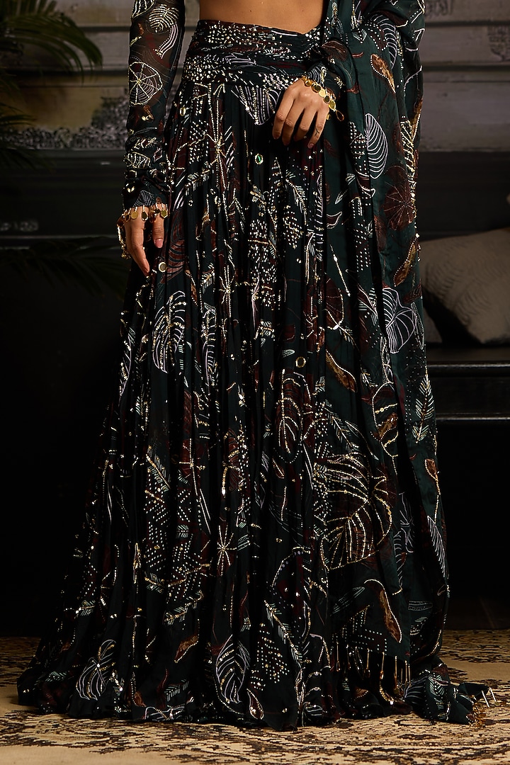 Dark Green Organza & Georgette Leaf Printed Wedding Lehenga Set by DiyaRajvvir at Pernia's Pop Up Shop