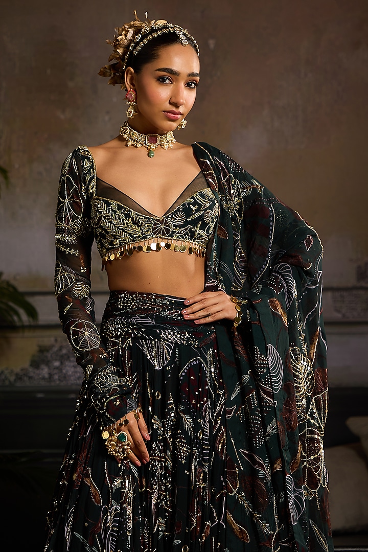 Dark Green Organza & Georgette Leaf Printed Wedding Lehenga Set by DiyaRajvvir at Pernia's Pop Up Shop