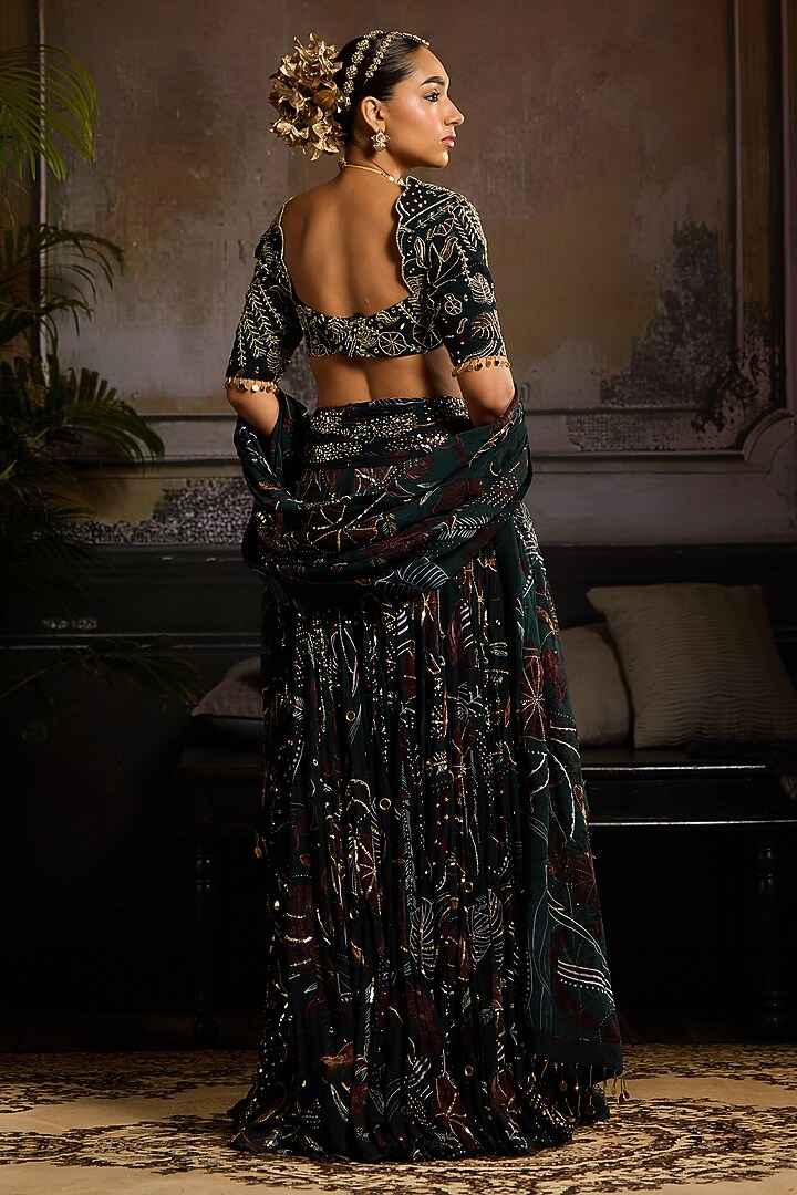 Dark Green Organza & Georgette Leaf Printed Wedding Lehenga Set by DiyaRajvvir at Pernia's Pop Up Shop