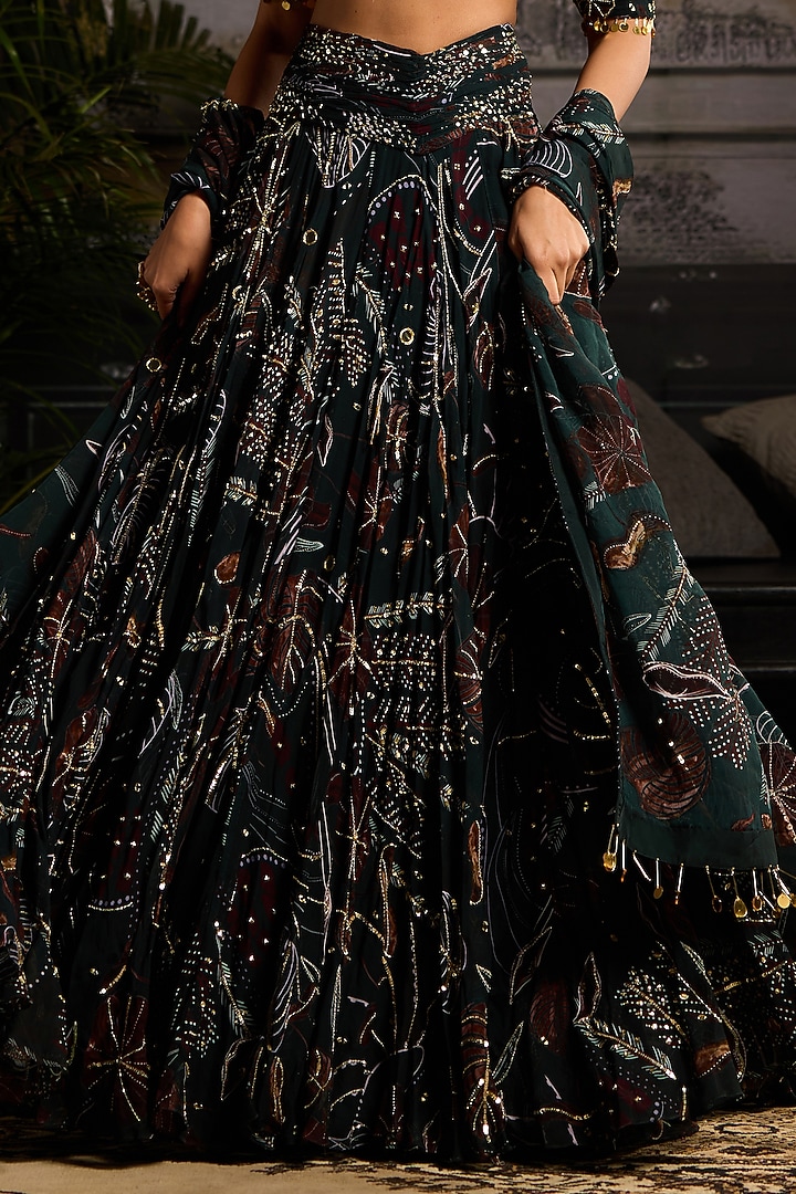 Dark Green Organza & Georgette Leaf Printed Wedding Lehenga Set by DiyaRajvvir at Pernia's Pop Up Shop