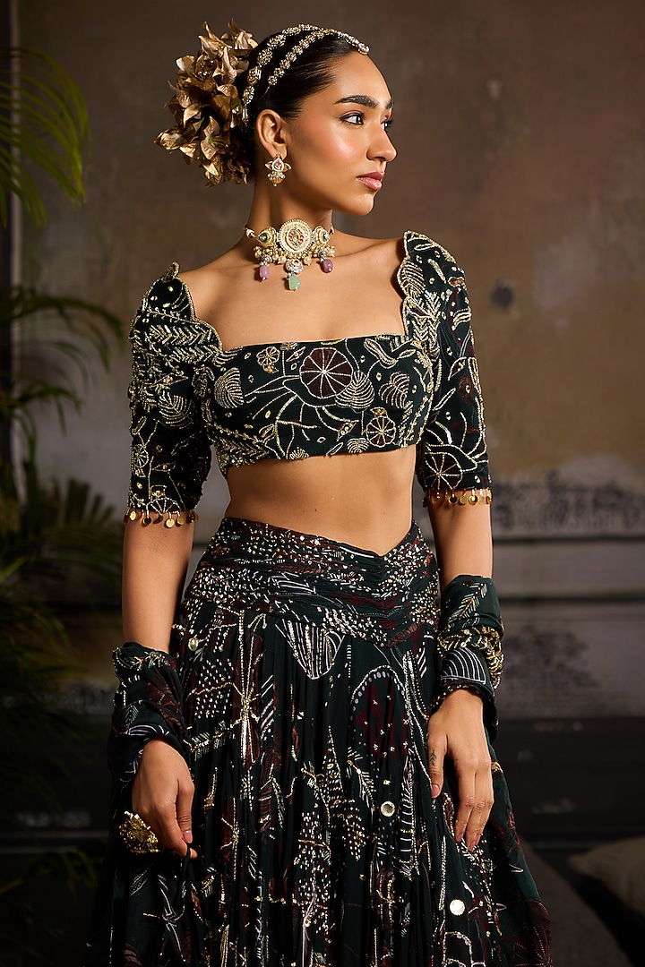Dark Green Organza & Georgette Leaf Printed Wedding Lehenga Set by DiyaRajvvir at Pernia's Pop Up Shop