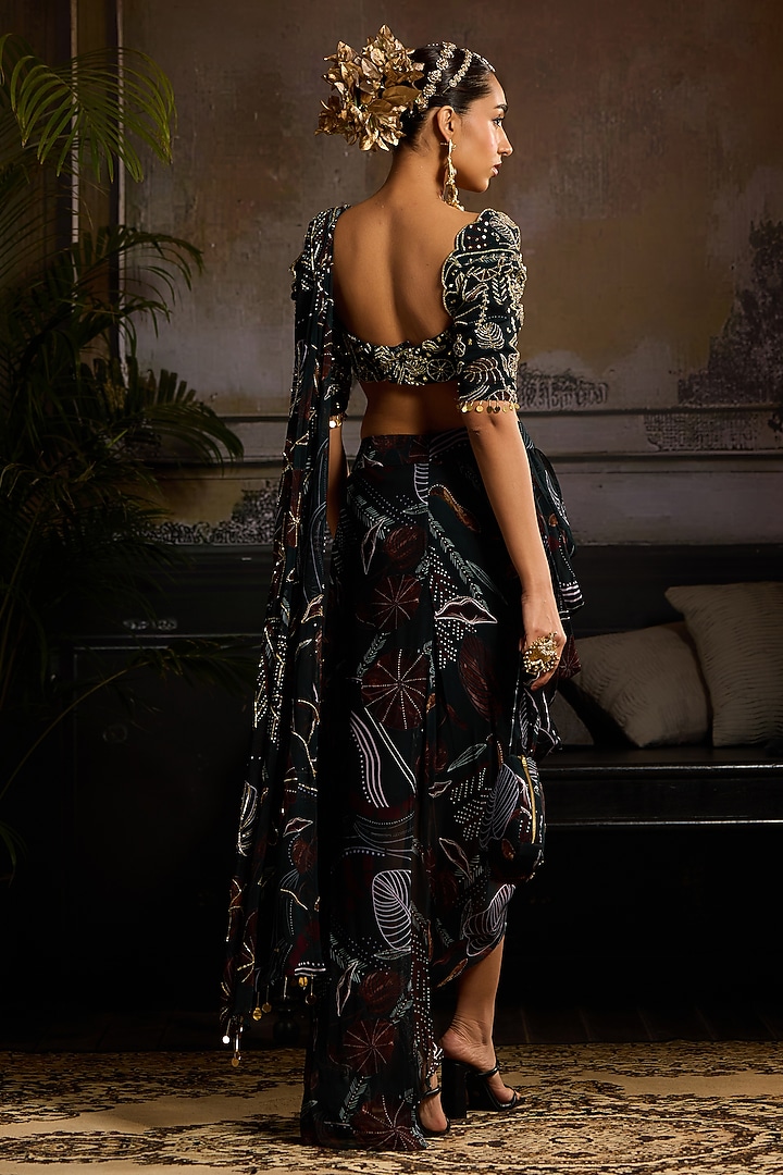 Dark Green Georgette Leaf Printed Draped Wedding Saree Set by DiyaRajvvir at Pernia's Pop Up Shop