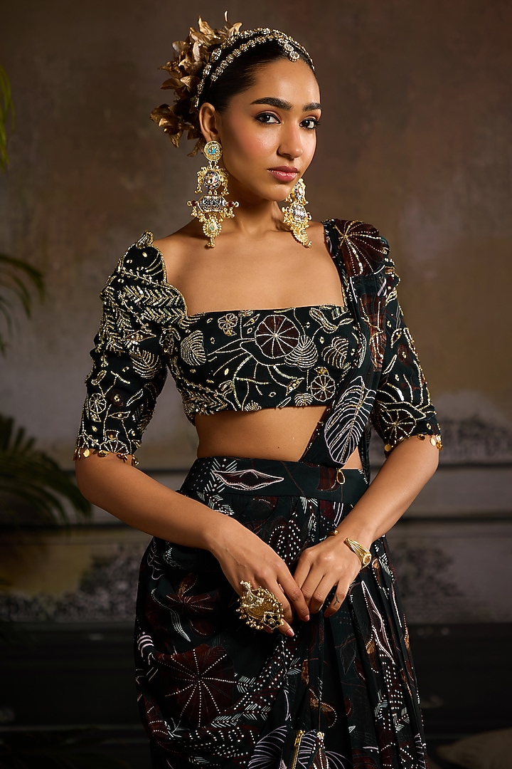Dark Green Georgette Leaf Printed Draped Wedding Saree Set by DiyaRajvvir at Pernia's Pop Up Shop