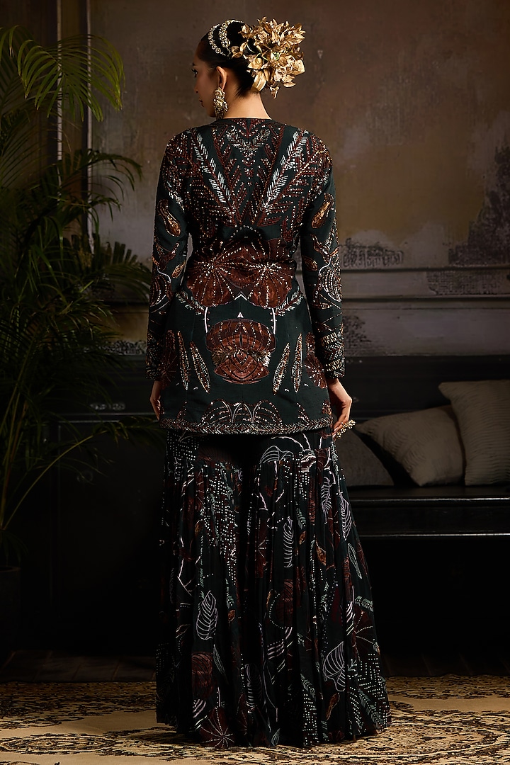 Dark Green Georgette & Raw Silk Leaf Printed Jacket Set by DiyaRajvvir at Pernia's Pop Up Shop