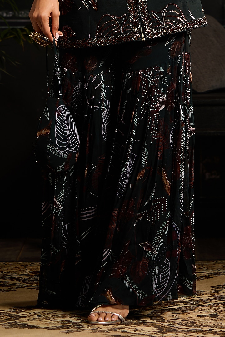 Dark Green Georgette & Raw Silk Leaf Printed Jacket Set by DiyaRajvvir at Pernia's Pop Up Shop