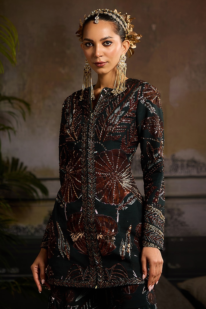 Dark Green Georgette & Raw Silk Leaf Printed Jacket Set by DiyaRajvvir at Pernia's Pop Up Shop