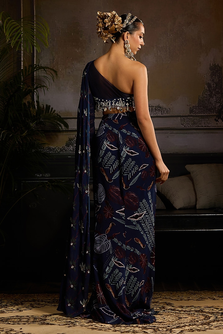 Dark Blue Georgette & Tulle Leaf Printed Skirt Set by DiyaRajvvir at Pernia's Pop Up Shop
