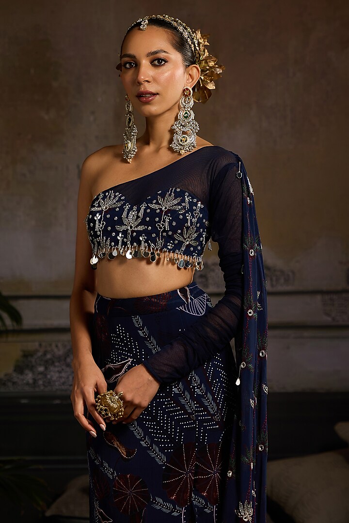 Dark Blue Georgette & Tulle Leaf Printed Skirt Set by DiyaRajvvir at Pernia's Pop Up Shop