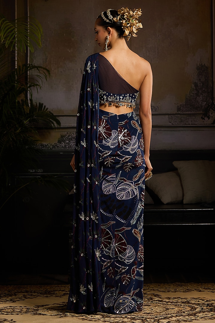 Dark Blue Georgette & Tulle Leaf Printed Skirt Set by DiyaRajvvir at Pernia's Pop Up Shop