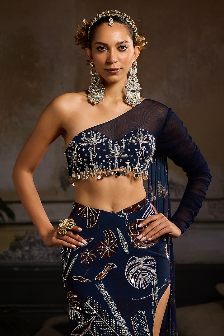 Dark Blue Georgette & Tulle Leaf Printed Skirt Set by DiyaRajvvir at Pernia's Pop Up Shop