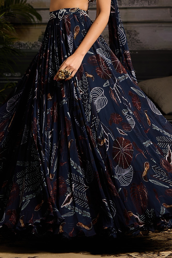 Dark Blue Georgette Leaf Printed Wedding Lehenga Set by DiyaRajvvir at Pernia's Pop Up Shop