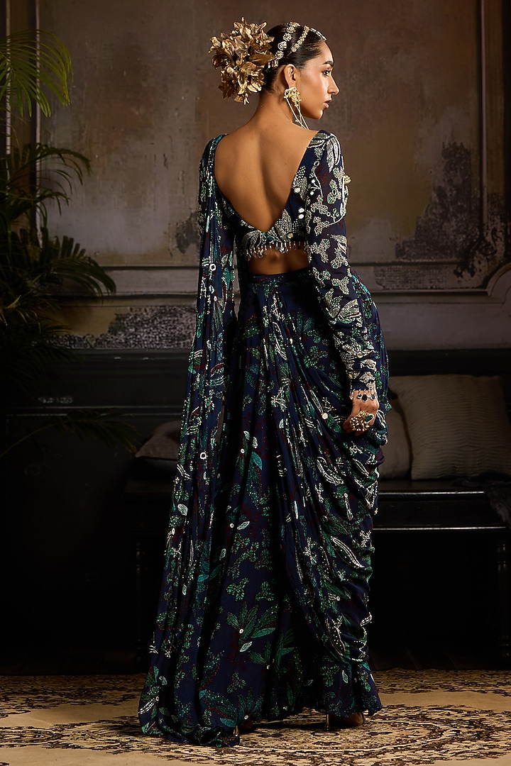 Dark Blue Georgette Leaf Printed Draped Sharara Wedding Saree Set by DiyaRajvvir at Pernia's Pop Up Shop