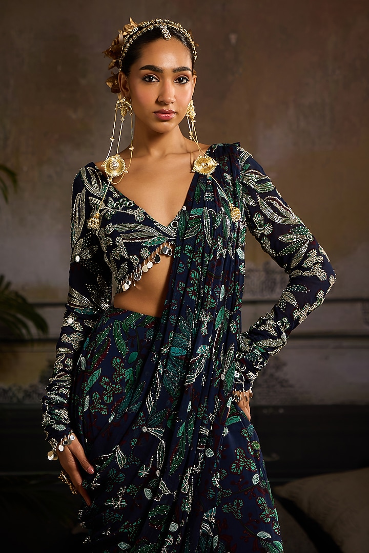 Dark Blue Georgette Leaf Printed Draped Sharara Wedding Saree Set by DiyaRajvvir at Pernia's Pop Up Shop