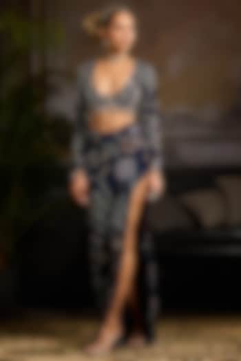 Dark Blue Crepe Leaf Printed Skirt Set by DiyaRajvvir at Pernia's Pop Up Shop