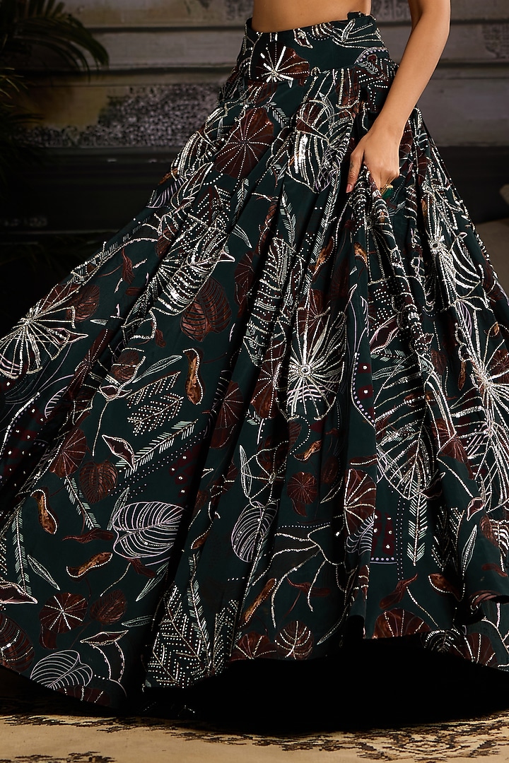 Dark Green Tulle & Crepe Printed Wedding Lehenga Set by DiyaRajvvir at Pernia's Pop Up Shop