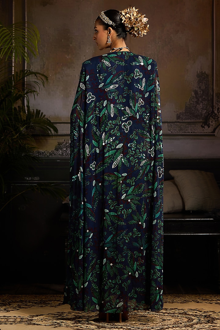 Dark Blue Georgette & Crepe Leaf Printed Cape Set by DiyaRajvvir at Pernia's Pop Up Shop