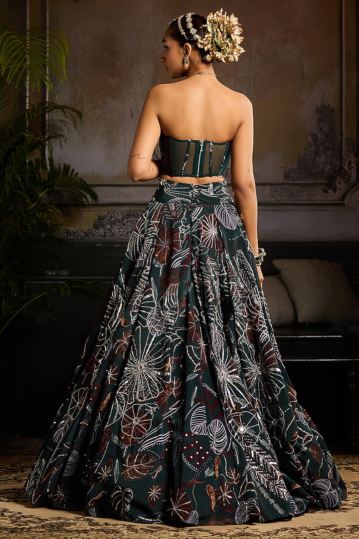 Dark Green Organza & Crepe Printed Wedding Lehenga Set by DiyaRajvvir at Pernia's Pop Up Shop