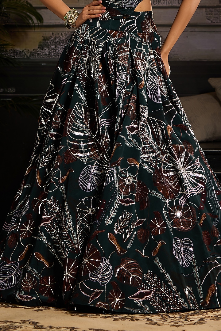 Dark Green Organza & Crepe Printed Wedding Lehenga Set by DiyaRajvvir at Pernia's Pop Up Shop