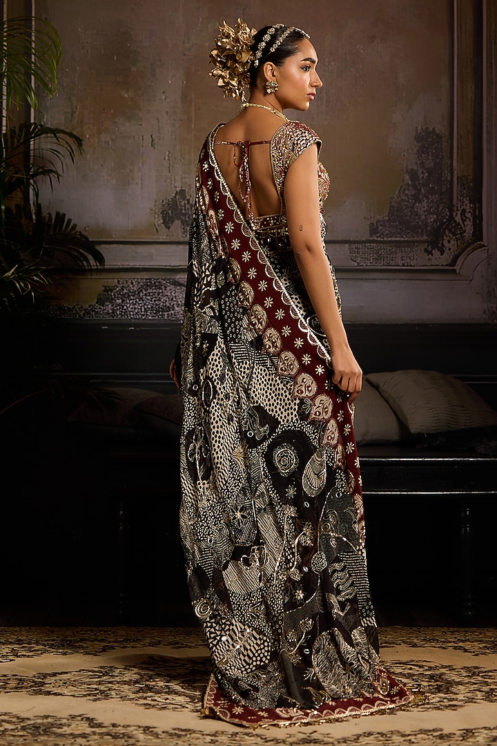 Black & Maroon Georgette Jaal Printed Pre-Stitched Reception Saree Set by DiyaRajvvir at Pernia's Pop Up Shop