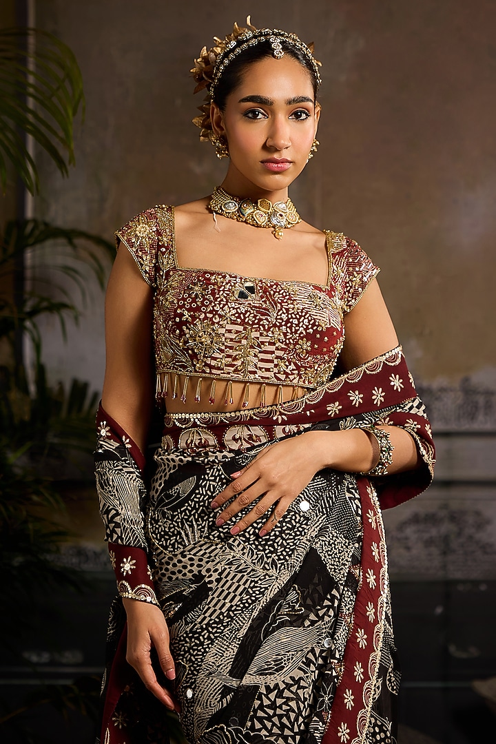 Black & Maroon Georgette Jaal Printed Pre-Stitched Reception Saree Set by DiyaRajvvir at Pernia's Pop Up Shop