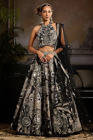 Black Raw Silk Abstract Jaal Printed Lehenga Set by DiyaRajvvir