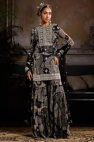 Black Georgette Abstract Jaal Printed Gharara Set by DiyaRajvvir