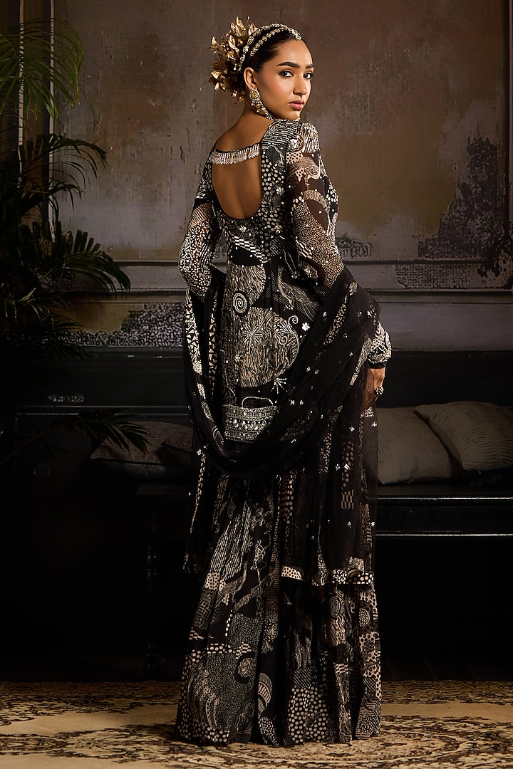 Black Georgette Abstract Jaal Printed Gharara Set by DiyaRajvvir at Pernia's Pop Up Shop
