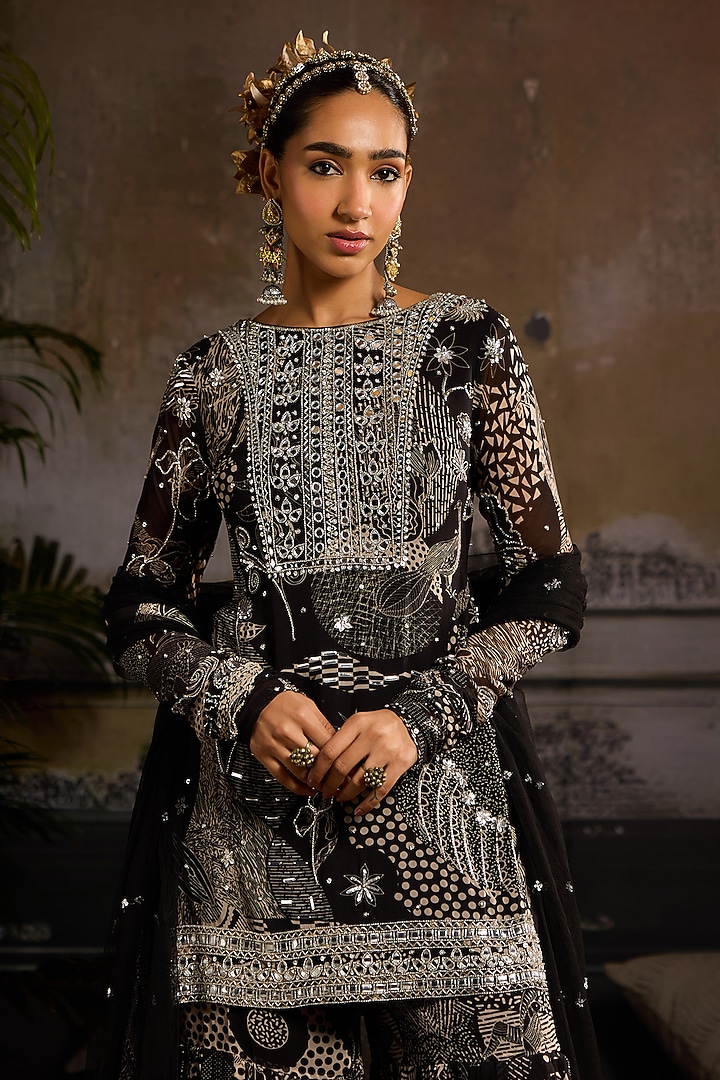 Black Georgette Abstract Jaal Printed Gharara Set by DiyaRajvvir at Pernia's Pop Up Shop