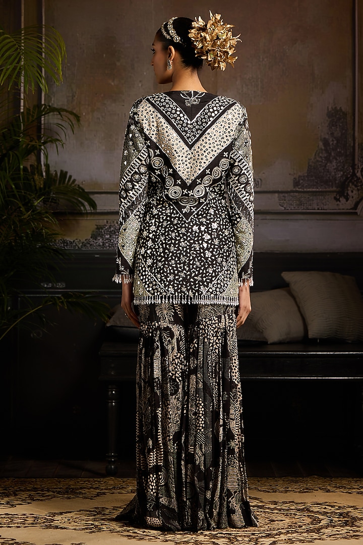 Black Raw Silk & Georgette Chevron Printed Jacket Set by DiyaRajvvir at Pernia's Pop Up Shop