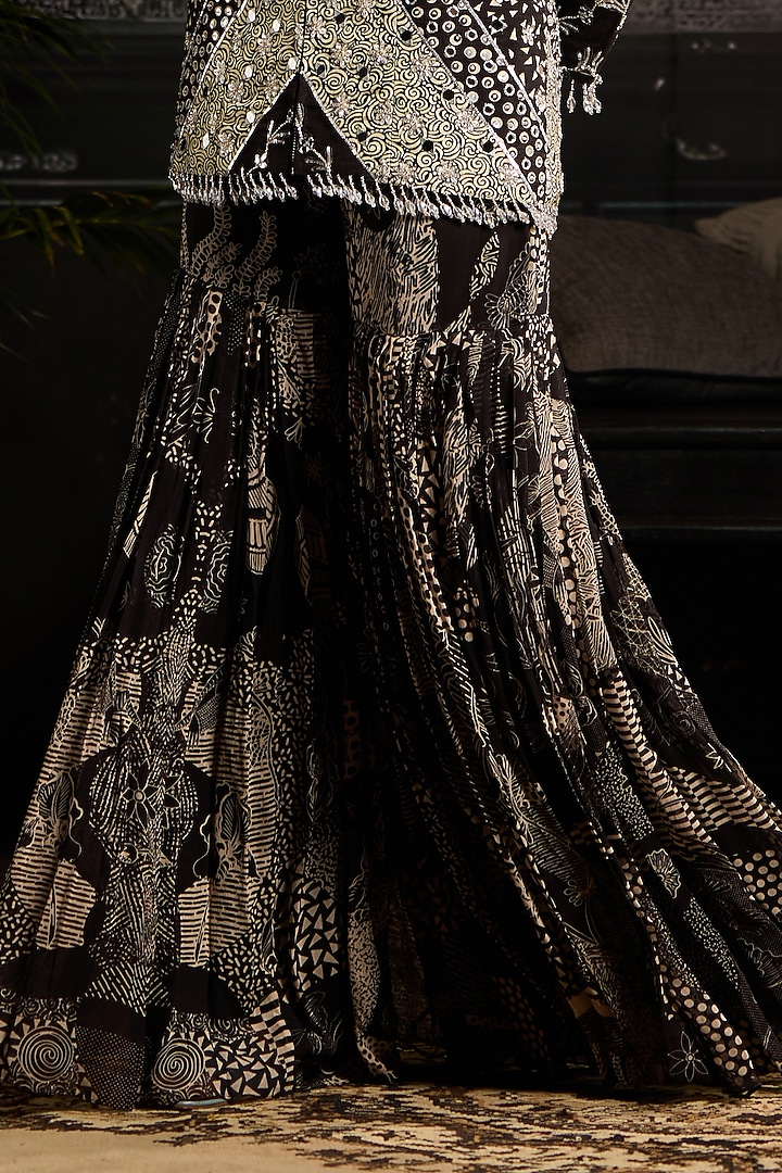Black Raw Silk & Georgette Chevron Printed Jacket Set by DiyaRajvvir at Pernia's Pop Up Shop
