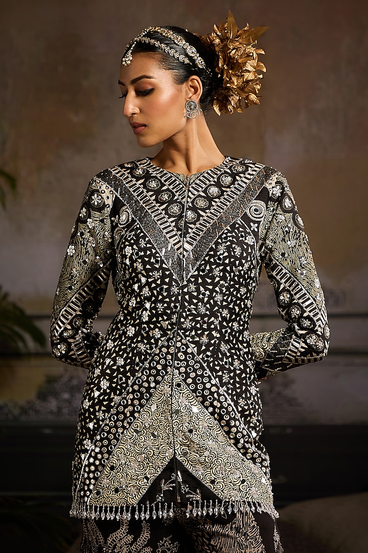 Black Raw Silk & Georgette Chevron Printed Jacket Set by DiyaRajvvir at Pernia's Pop Up Shop