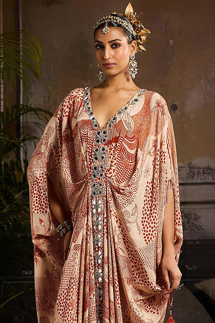 Beige & Rust Crepe Jaal Printed Kaftan With Potli by DiyaRajvvir at Pernia's Pop Up Shop