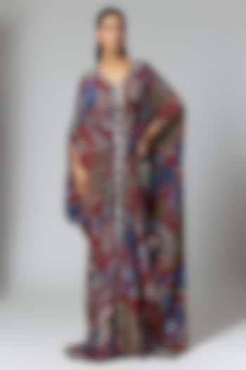 Red Crepe Printed & Embellished Kaftan by DiyaRajvvir at Pernia's Pop Up Shop