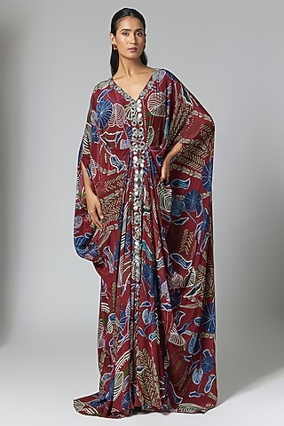 Red Crepe Printed & Embellished Kaftan by DiyaRajvvir