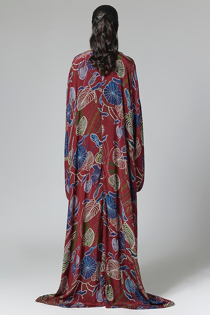 Red Crepe Printed & Embellished Kaftan by DiyaRajvvir at Pernia's Pop Up Shop