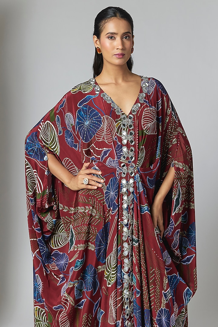 Red Crepe Printed & Embellished Kaftan by DiyaRajvvir at Pernia's Pop Up Shop