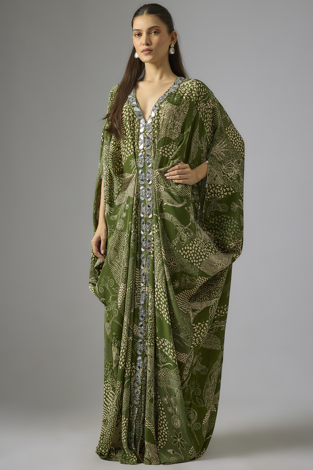 Sage Green Crepe Abstract Jaal Printed Kaftan by DiyaRajvvir at Pernia's Pop Up Shop