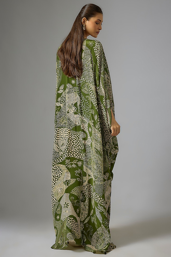 Sage Green Crepe Abstract Jaal Printed Kaftan by DiyaRajvvir at Pernia's Pop Up Shop